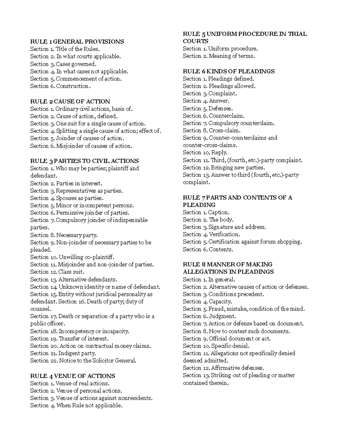 ROC Provis - Summary of Rules of Court Sections - Studocu