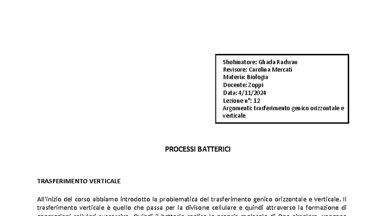 Lezione 12: Trasferimento Genico Orizzontale e Verticale in Biologia ...