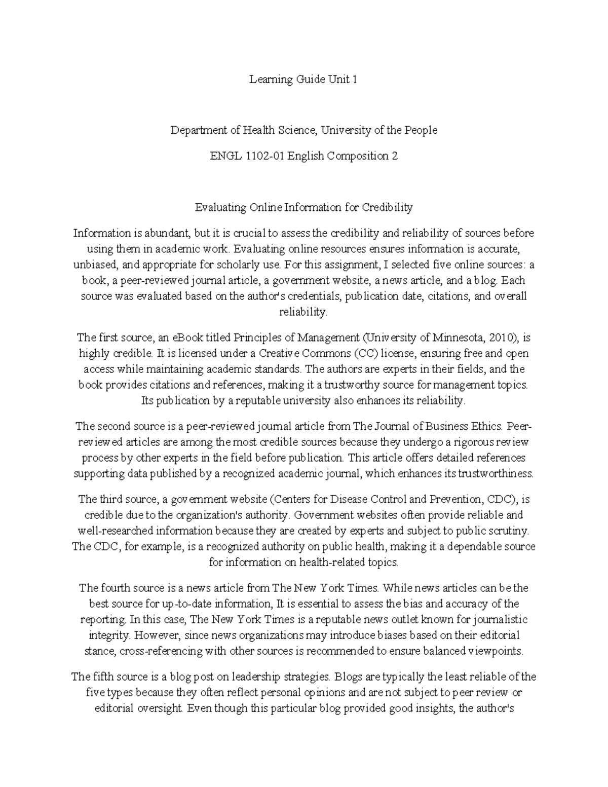ENGL 1102-01 Learning Guide: Evaluating Online Information Credibility ...