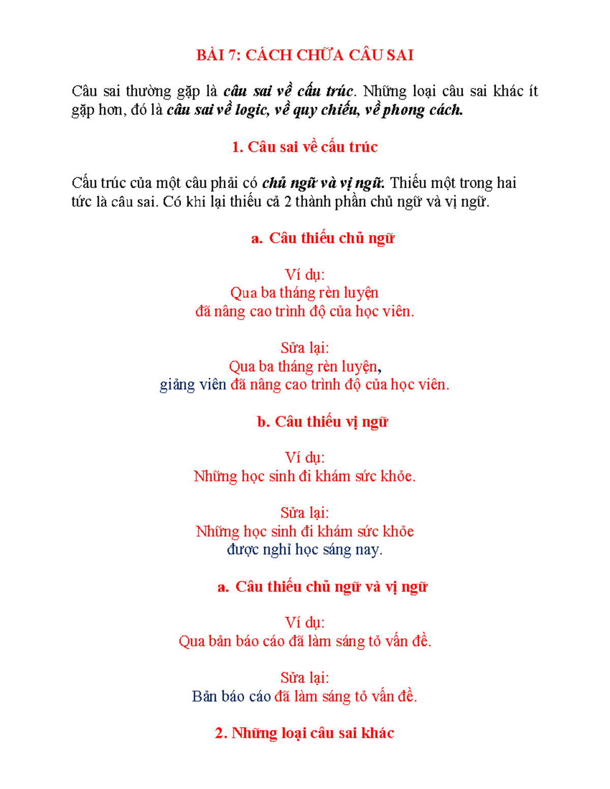 Bai 7 chua cau sai - Chữa bài - BÀI 7: CÁCH CHỮA CÂU SAI Câu sai thường ...
