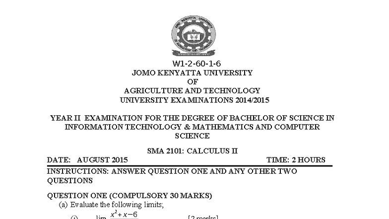 Calculus II SMA 2101: Year II Exam Questions and Solutions - Studocu