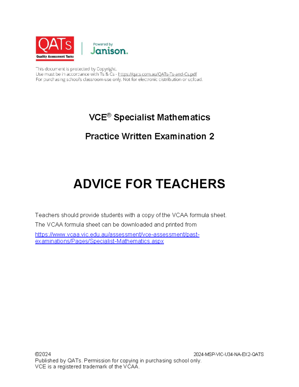 2024 VCE Specialist Mathematics Exam 2 Solutions (Units 3 & 4) - Studocu