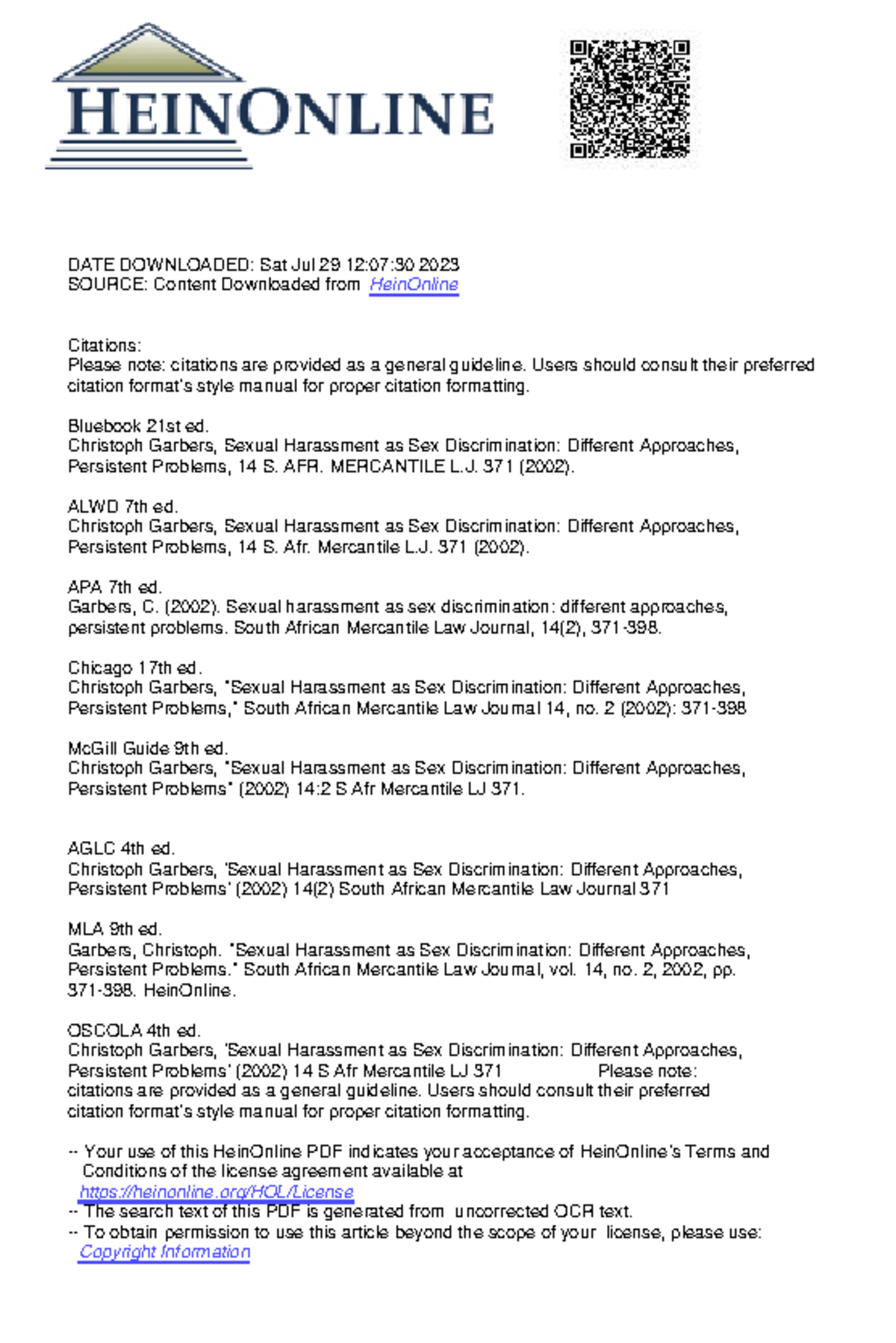 Garbers - Sexual Harassment as Sex Discrimination: An Analysis - Studocu