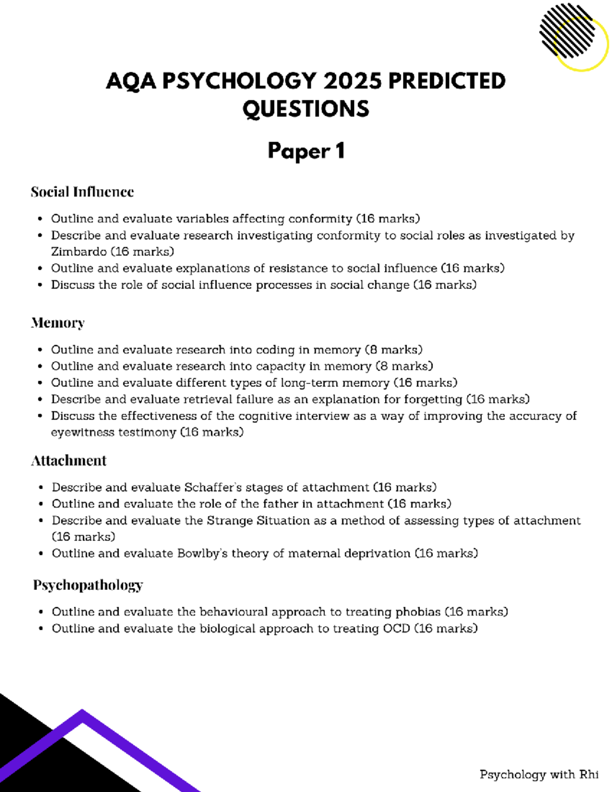 AQA Psychology 2025 Predicted Essay Titles for Papers 1-3 - Studocu