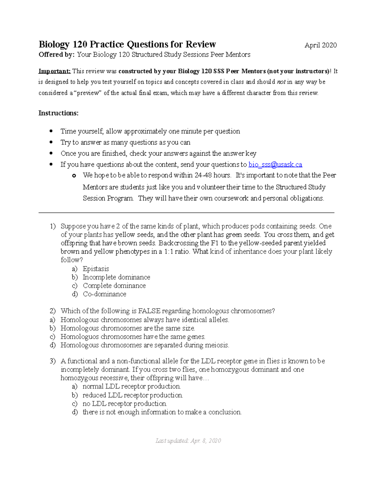 Biology 120 Final Exam Practice Questions and Review (April 2020) - Studocu