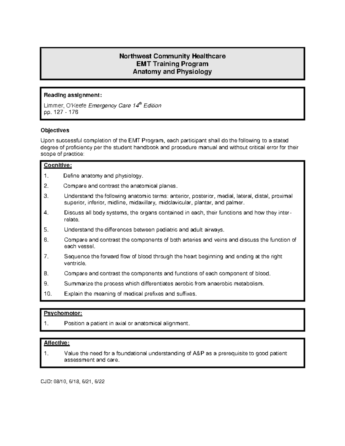 NCH EMT Training Program: Anatomy & Physiology Overview Guide - Studocu