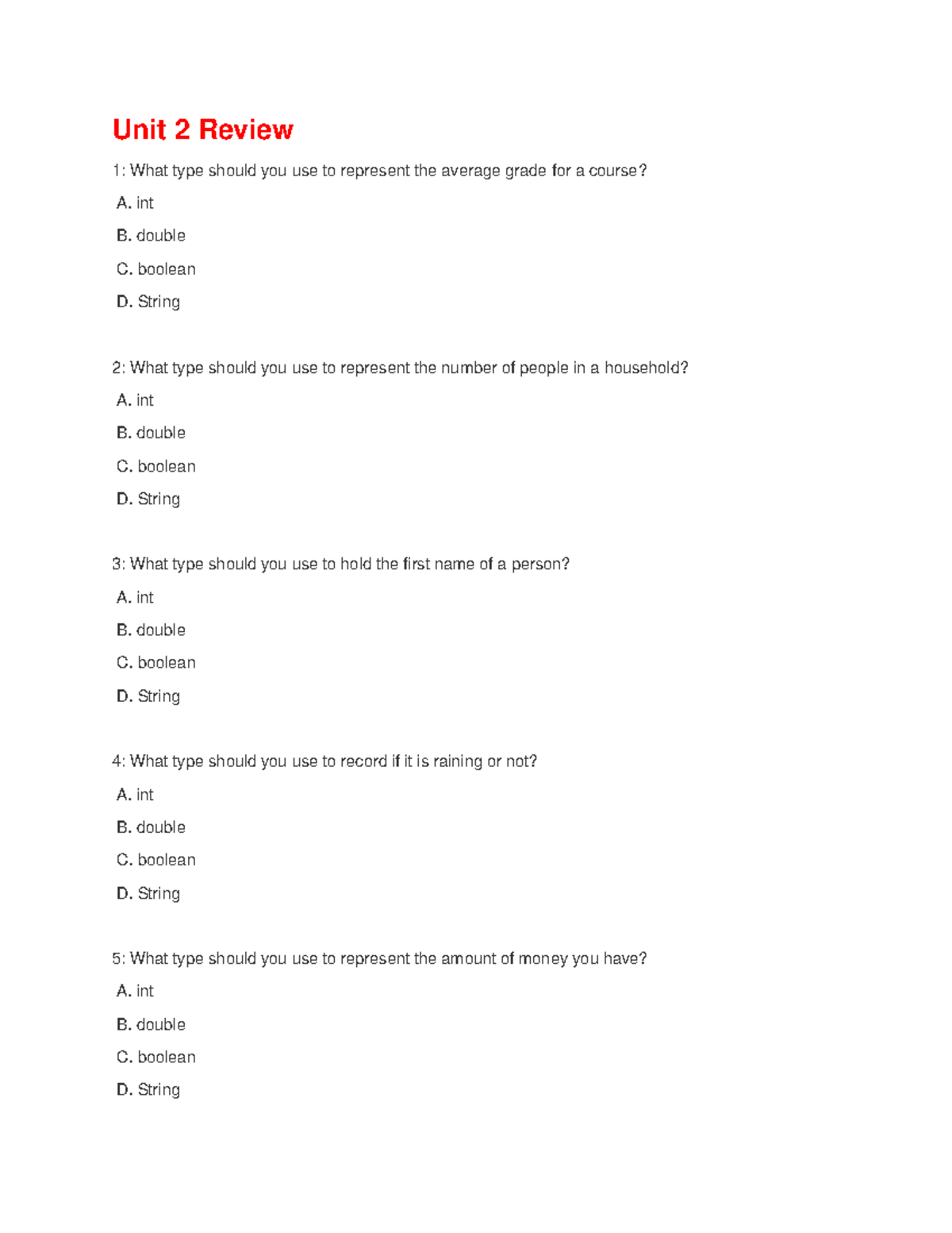 Unit 2 Review: Data Types and Variable Management - Studocu
