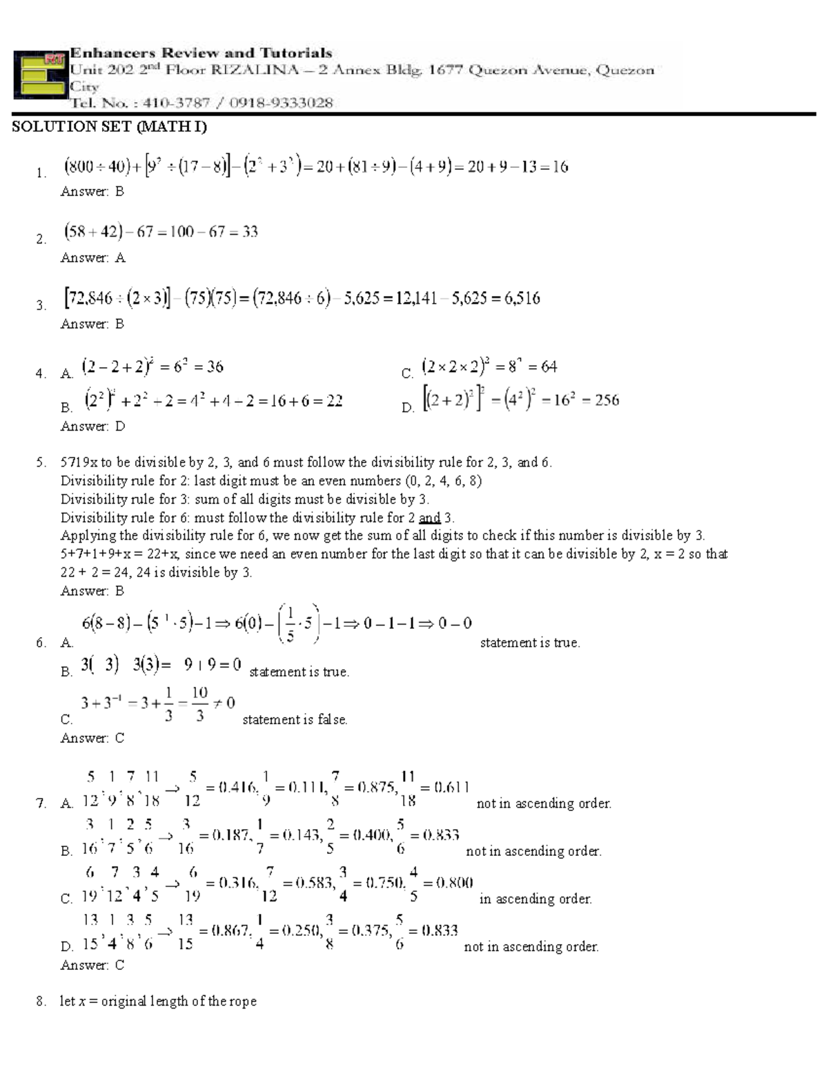 Basic Math Solution Set - SOLUTION SET (MATH I) 1. Answer: B 2. Answer ...