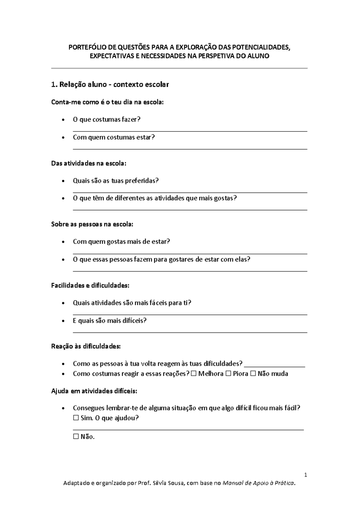 Portefólio de Questões sobre Potencialidades e Necessidades do Aluno ...