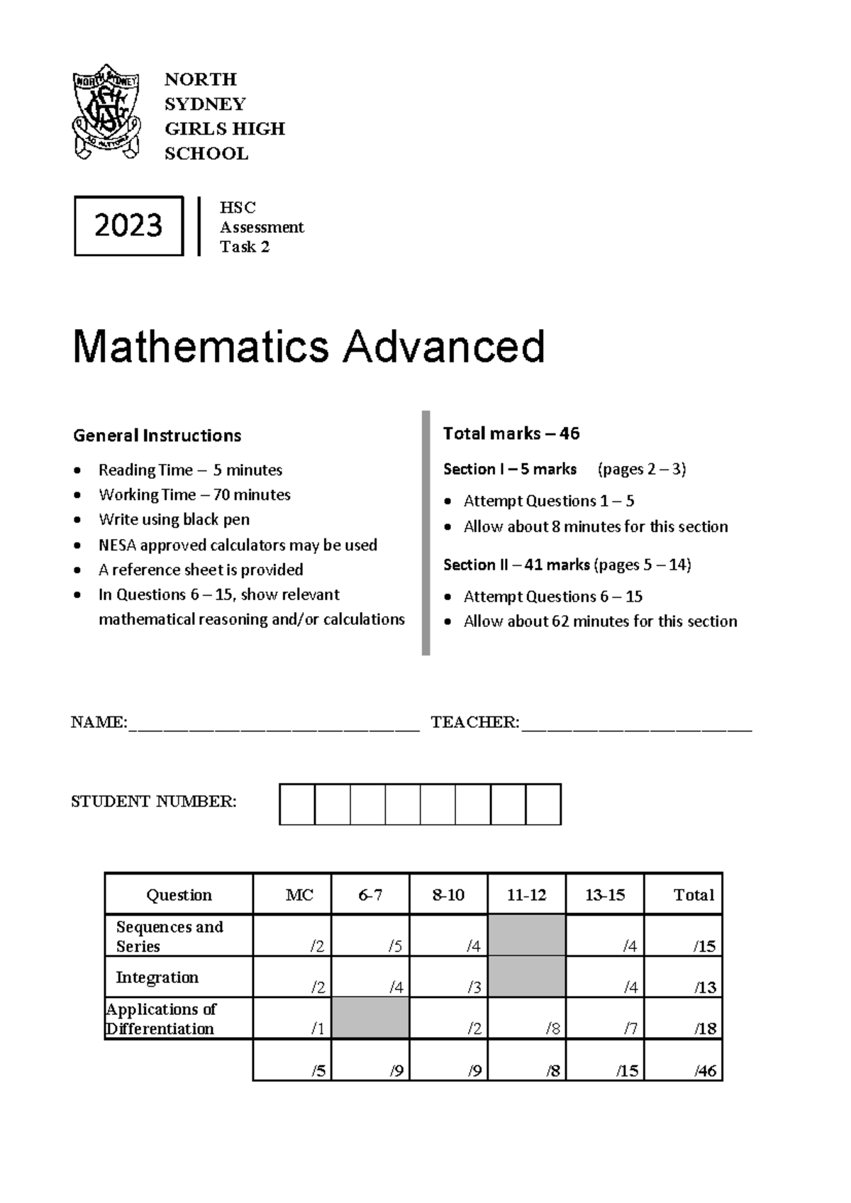 Nsghs HSC 2023 Adv Task 2 - Mathematics Advanced NAME