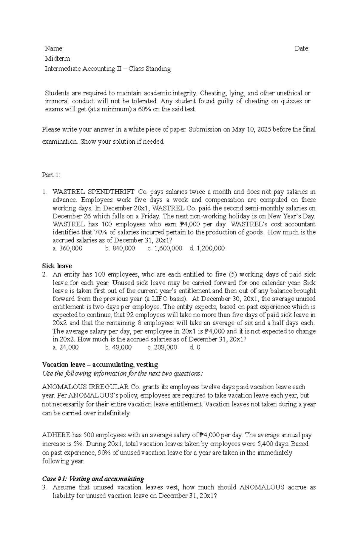 Midterm Exam Notes for Intermediate Accounting II (ACC 202) - Studocu