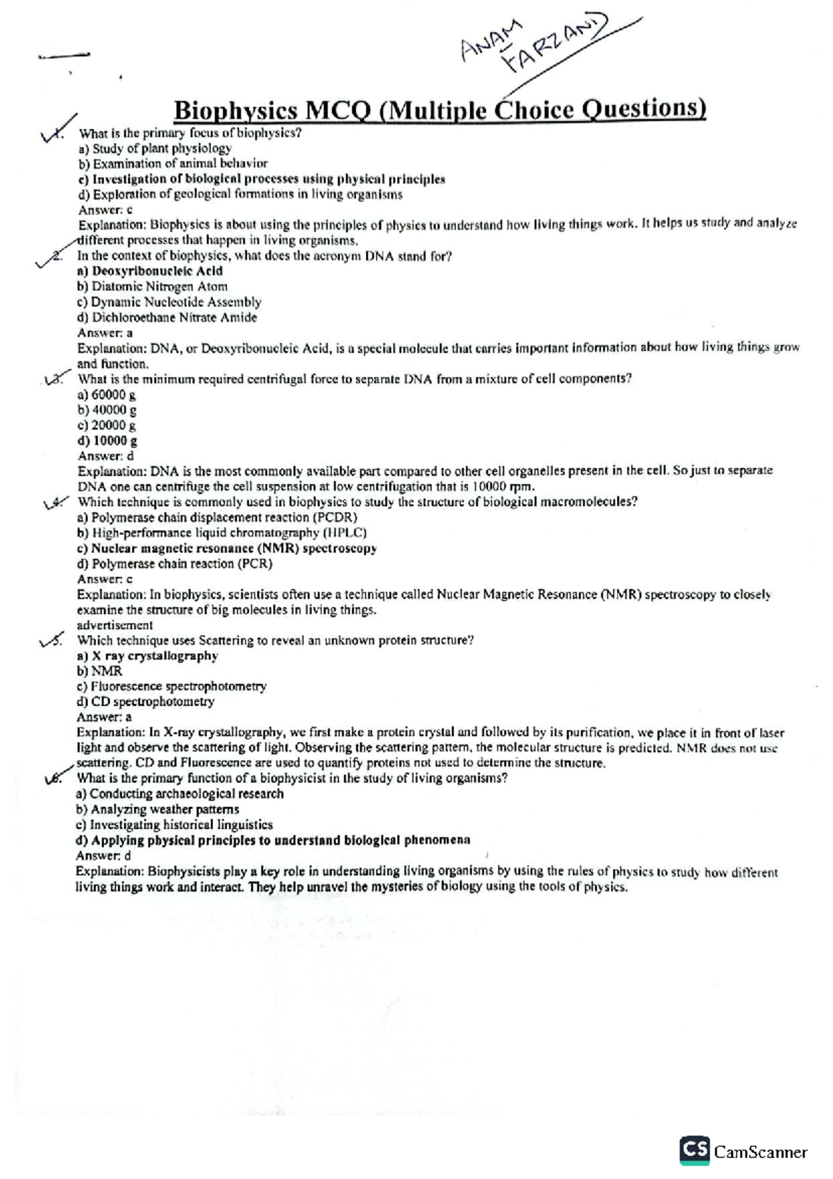 Biophysics MCQs (Answer) for Chapters 1-4 - Studocu