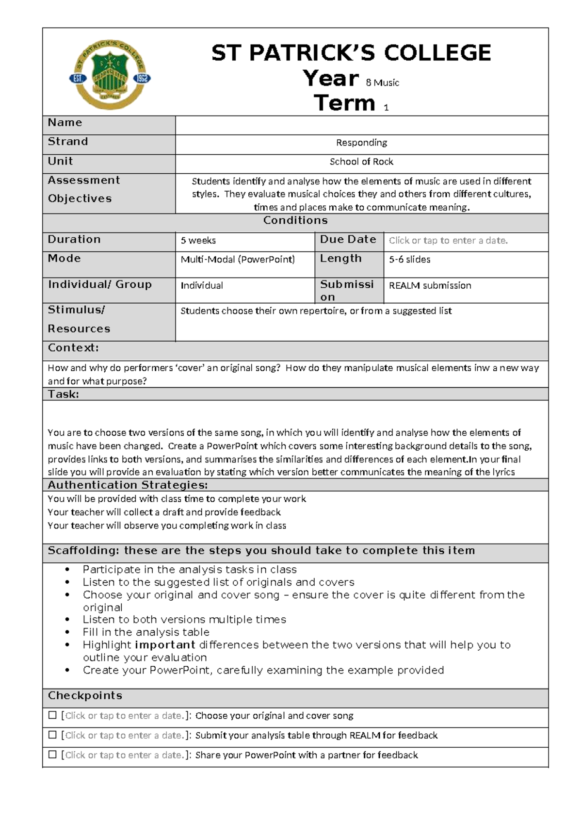 Year 8 Music Multi-Modal Project: Song Cover Analysis 8A&B - Studocu