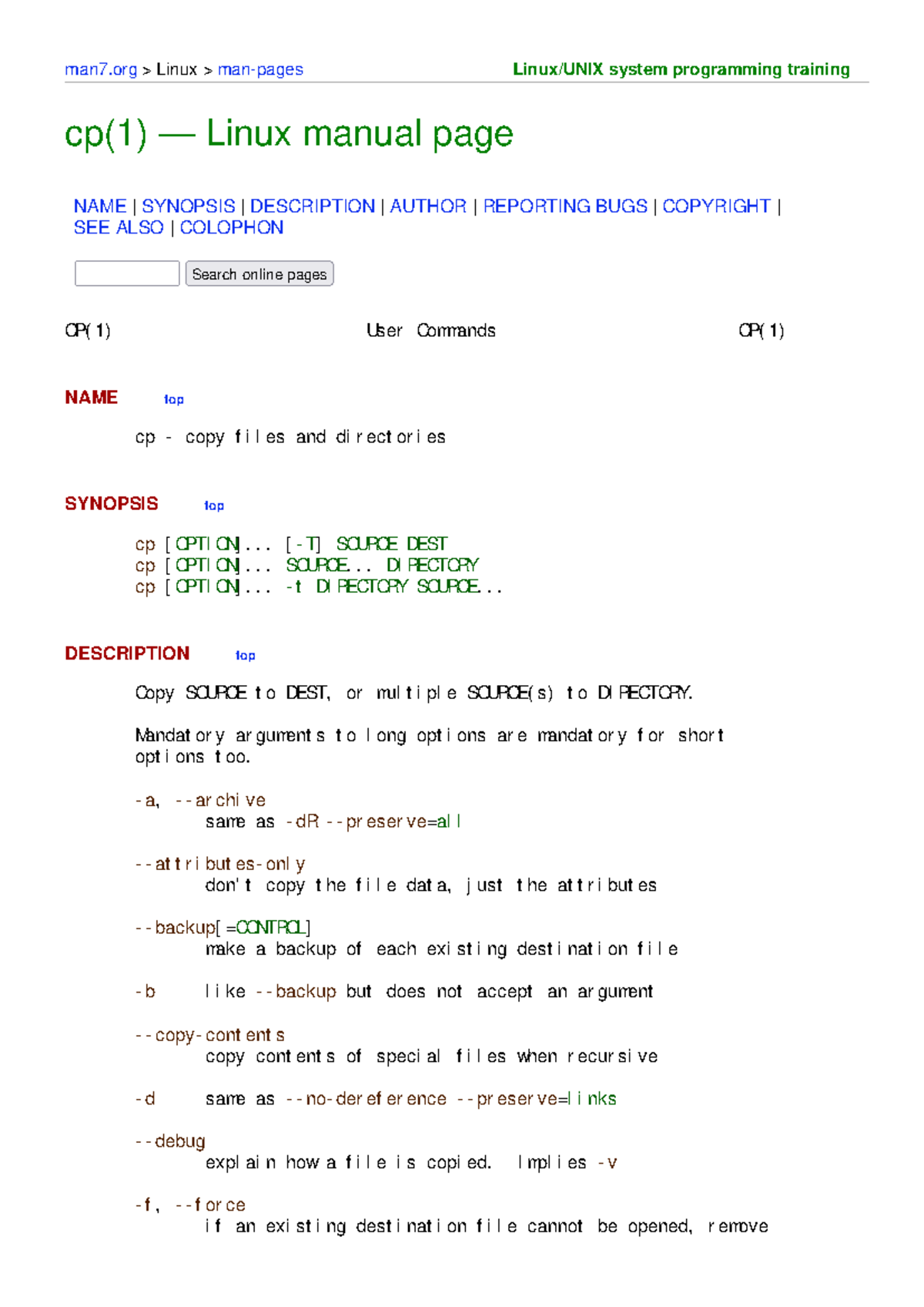 Linux man cp - man7 > Linux > man-pages Linux/UNIX system programming ...