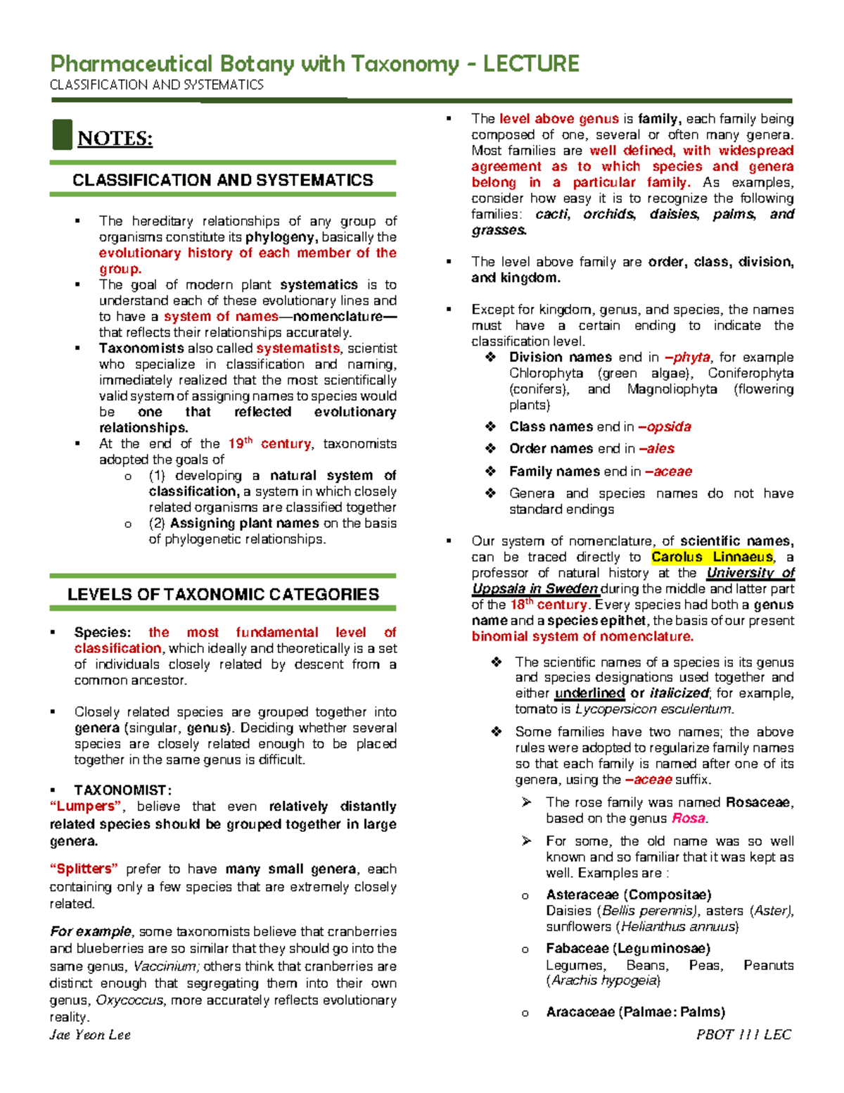 PBOT Classification and Systematics - CLASSIFICATION AND SYSTEMATICS ...
