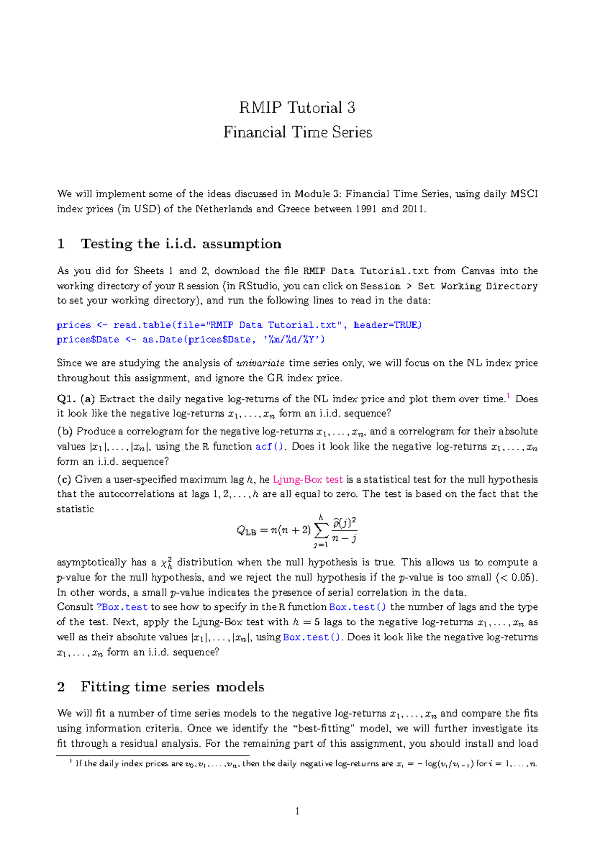 RMIP Tutorial 3: Analyzing Financial Time Series with R - Studeersnel