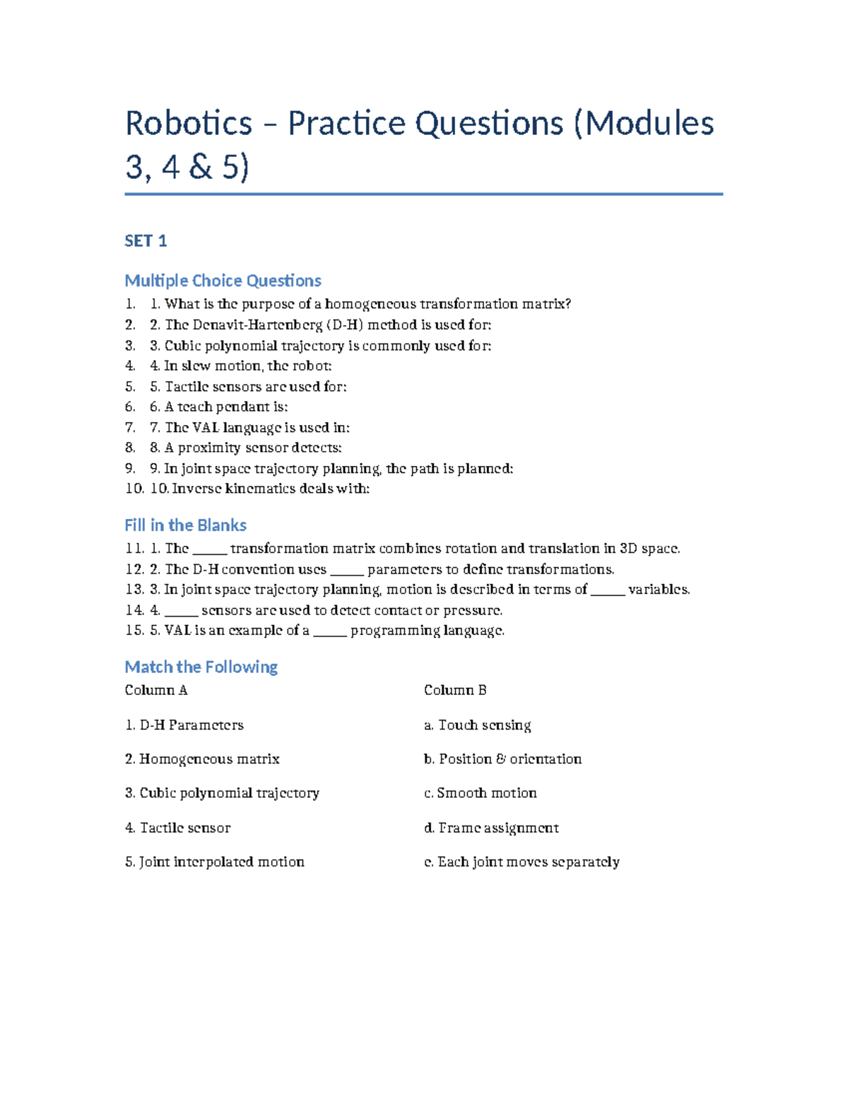 Robotics Practice Questions (Modules 3, 4, 5) - MCQ Set 1 - Studocu