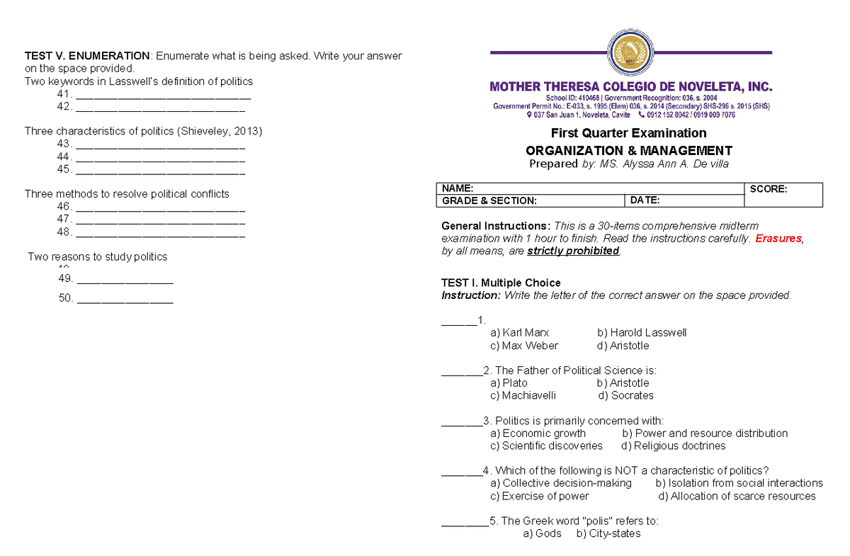 Q1-11HUMS: Midterm Exam on Politics and Political Science Concepts ...