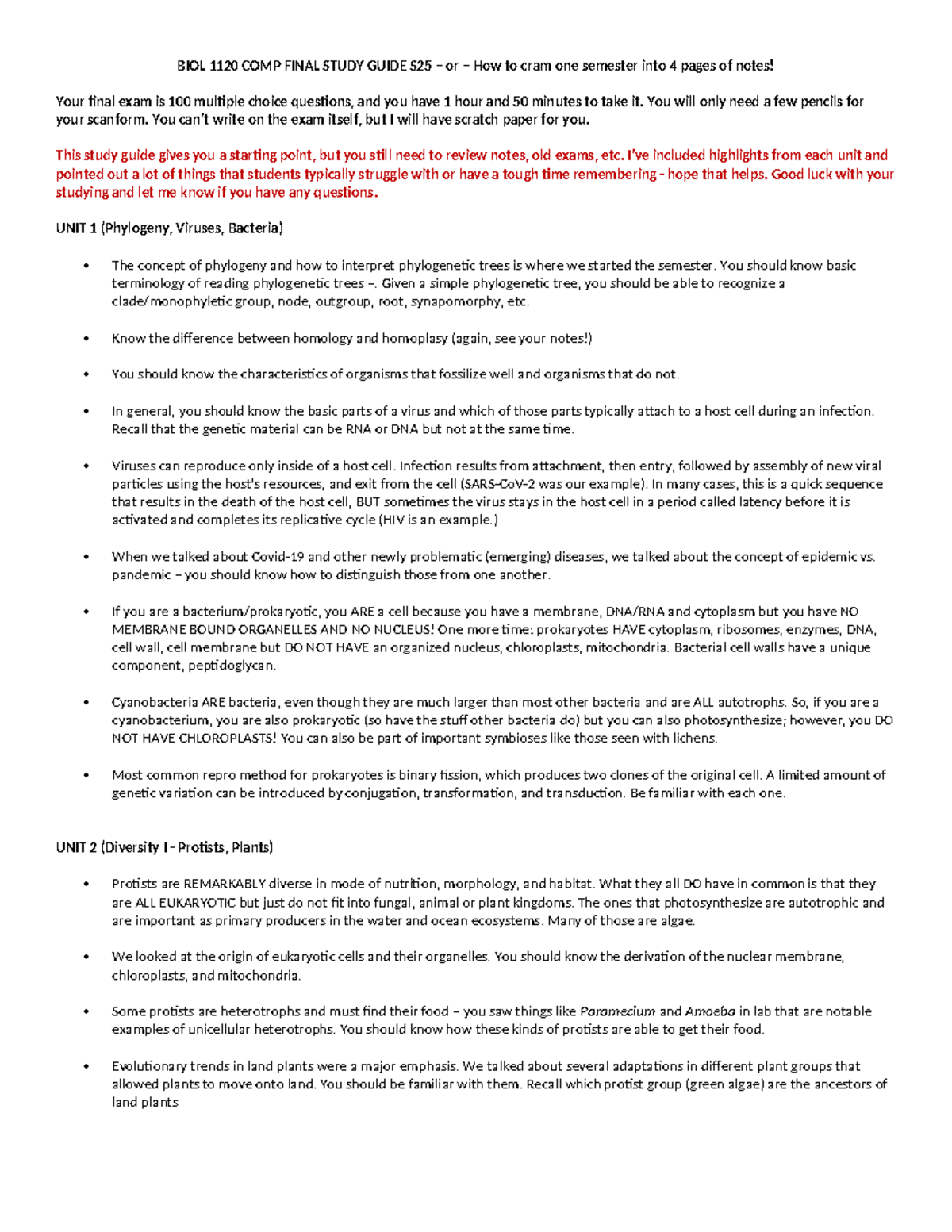 BIOL 1120 Final Exam Study Guide S25: Essential Concepts & Review - Studocu