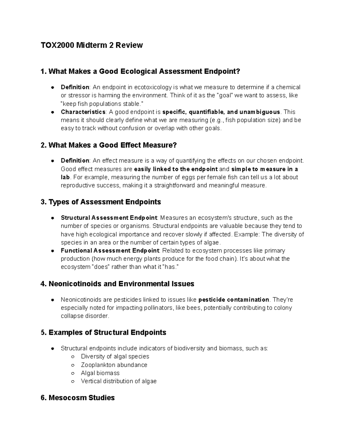 TOX2000 Midterm 2 Review: Key Concepts in Ecological Assessment - Studocu
