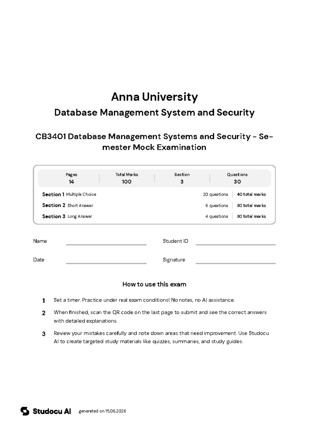 CB3401 Database Management Systems - Mock Exam - Studocu