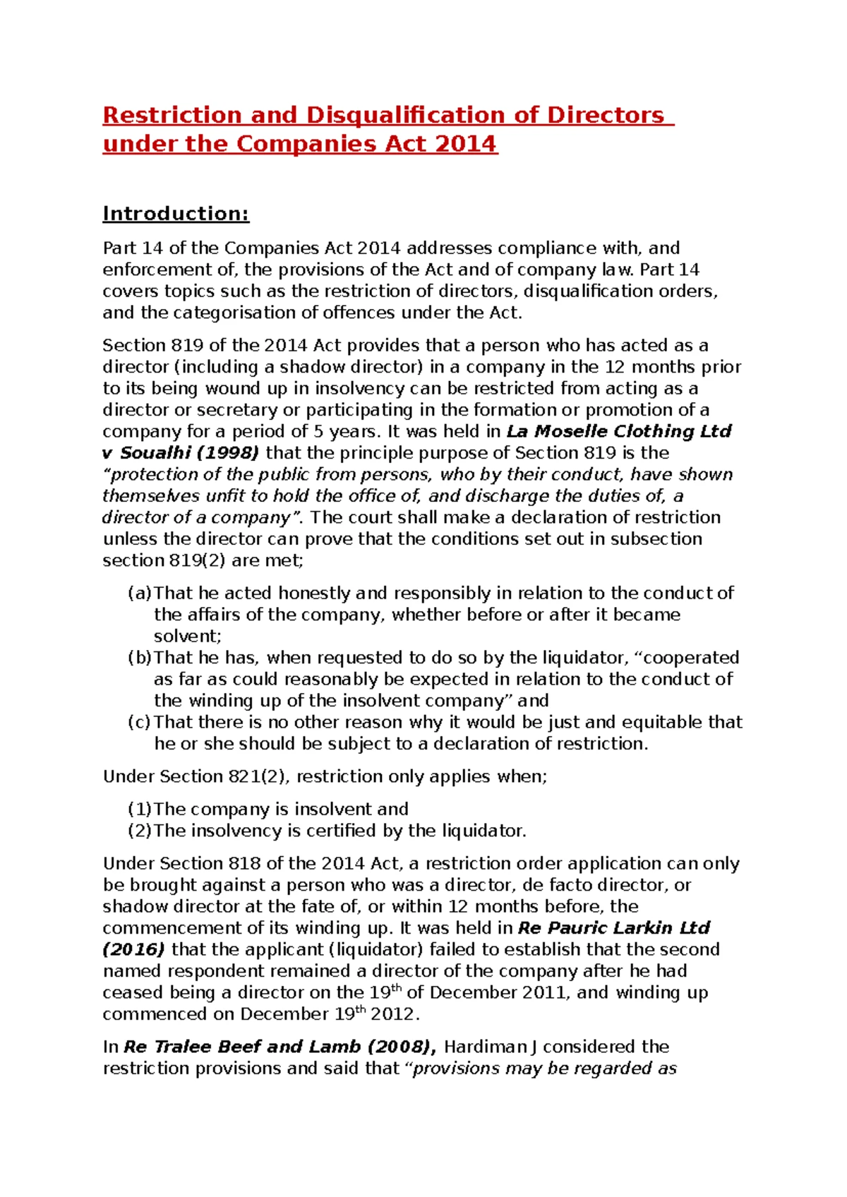 Company Law: Directors' Restrictions & Disqualifications (Essay) - Studocu