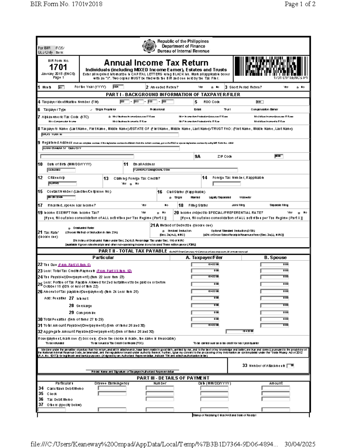 BIR Form No. 1701v2018 Annual Income Tax Return Sample (Oplas) - Studocu