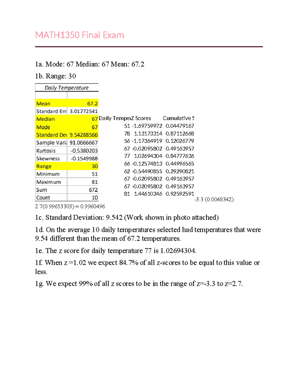MATH1350 Final Exam Review: Key Concepts & Statistical Analysis - Studocu