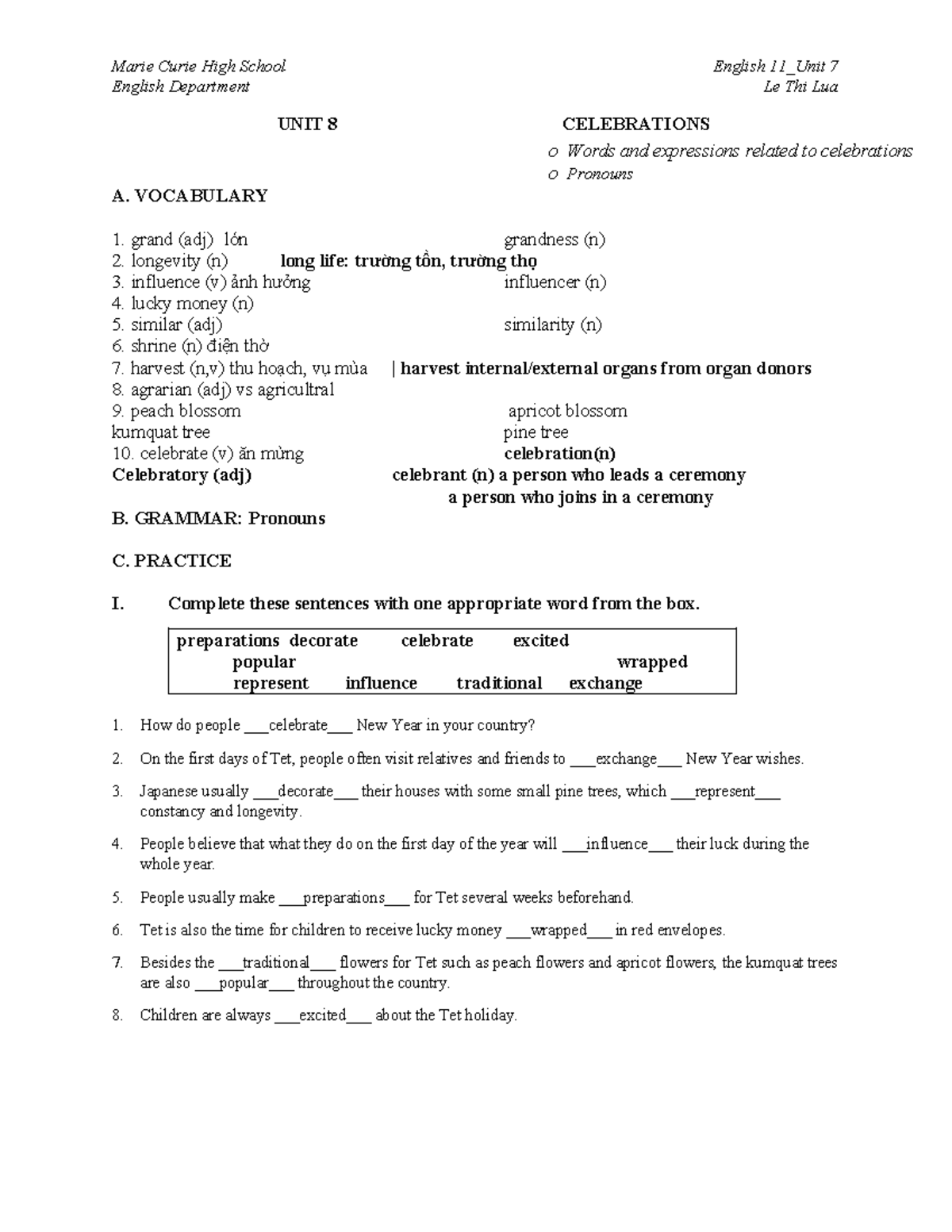 English 11 Unit 8: Vocabulary and Grammar on Celebrations - Studocu