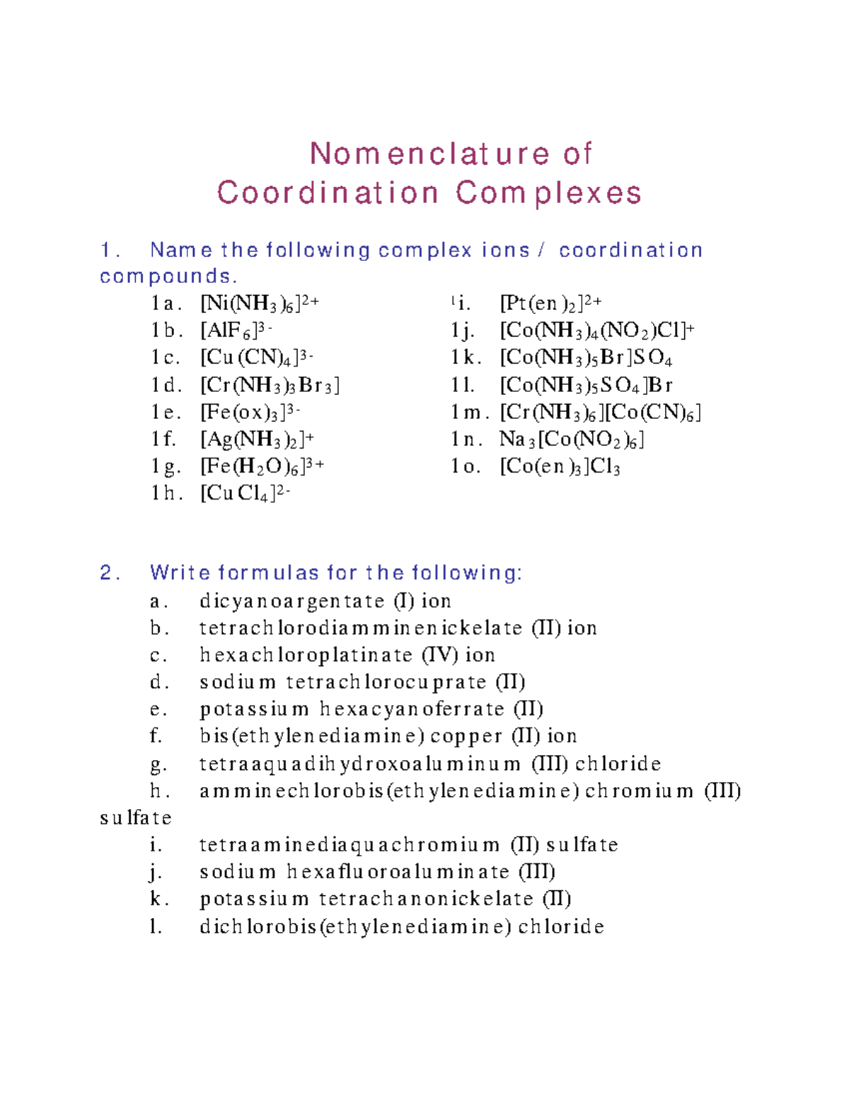 Nomenclature of Coordination Complexes: Ejemplos y Ejercicios - Studocu