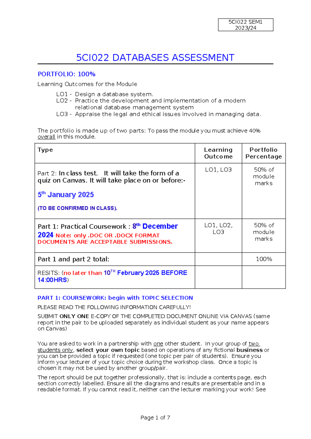5CI022 Database Assessment Portfolio: Module Details & Guidelines ...