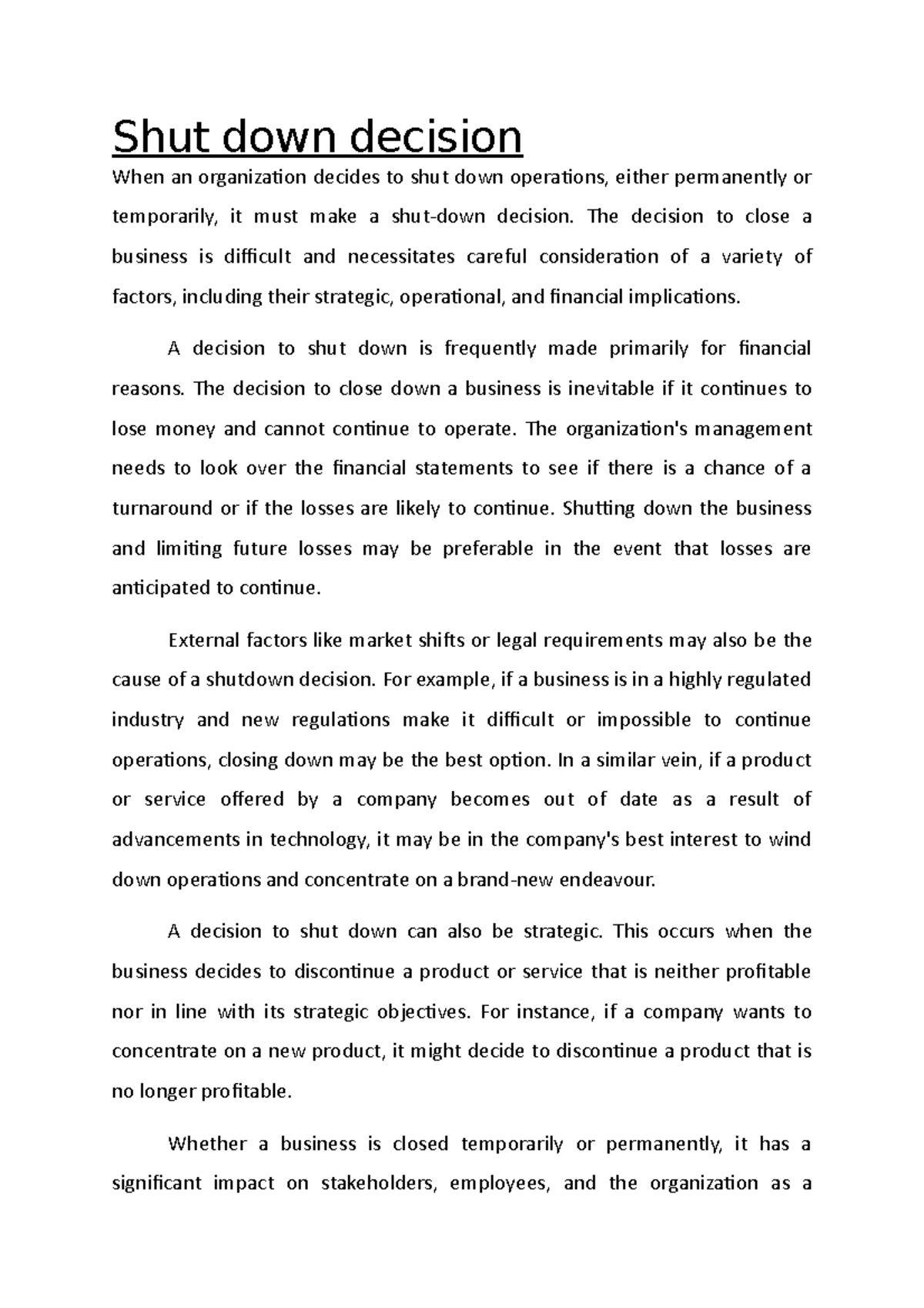 Shut Down Decision: Strategic, Operational, and Financial Implications ...