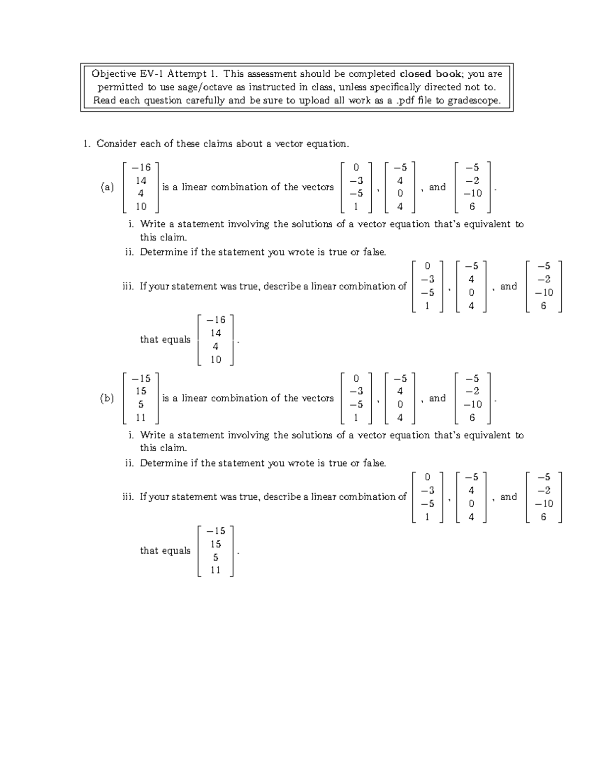 EV1 - Objective Attempt 1: Vector Equations & Linear Combinations - Studocu