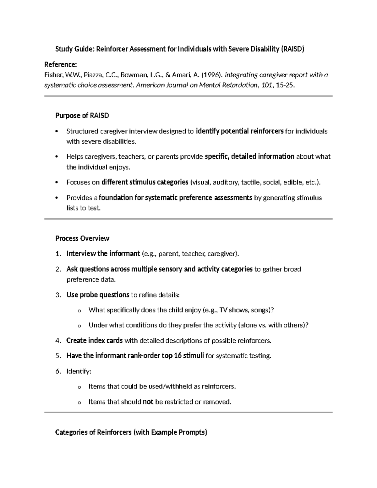 RAISD Preference Assessment Study Guide for Severe Disabilities - Studocu