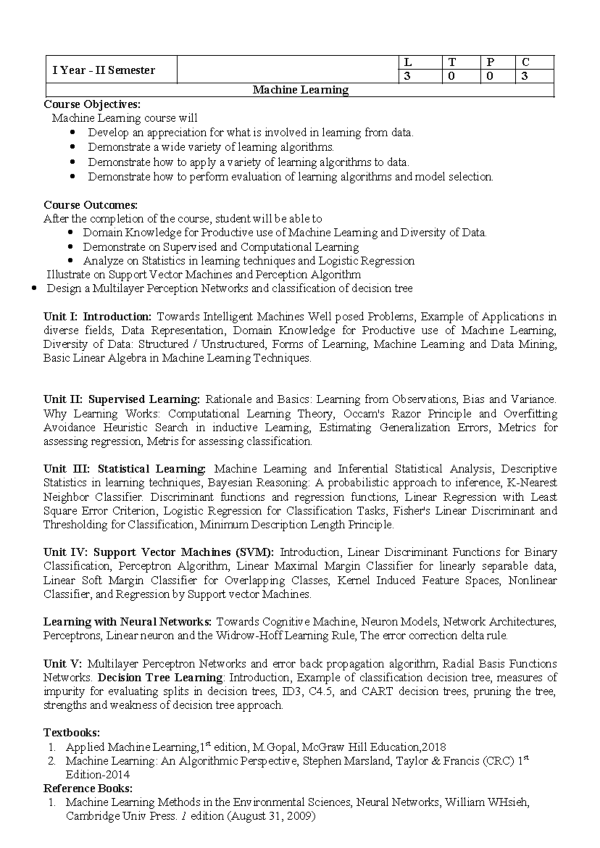 Machine Learning (I Year - II Sem): Course Objectives & Outcomes - Studocu