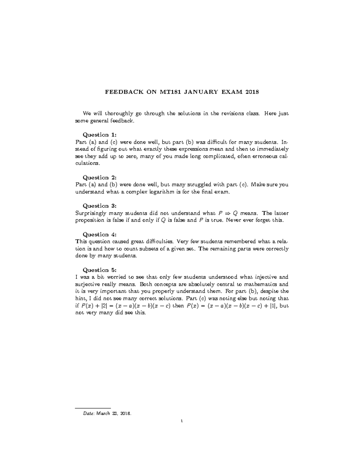 Test 1 January 2018, answers - FEEDBACK ON MT181 JANUARY EXAM 2018 We ...