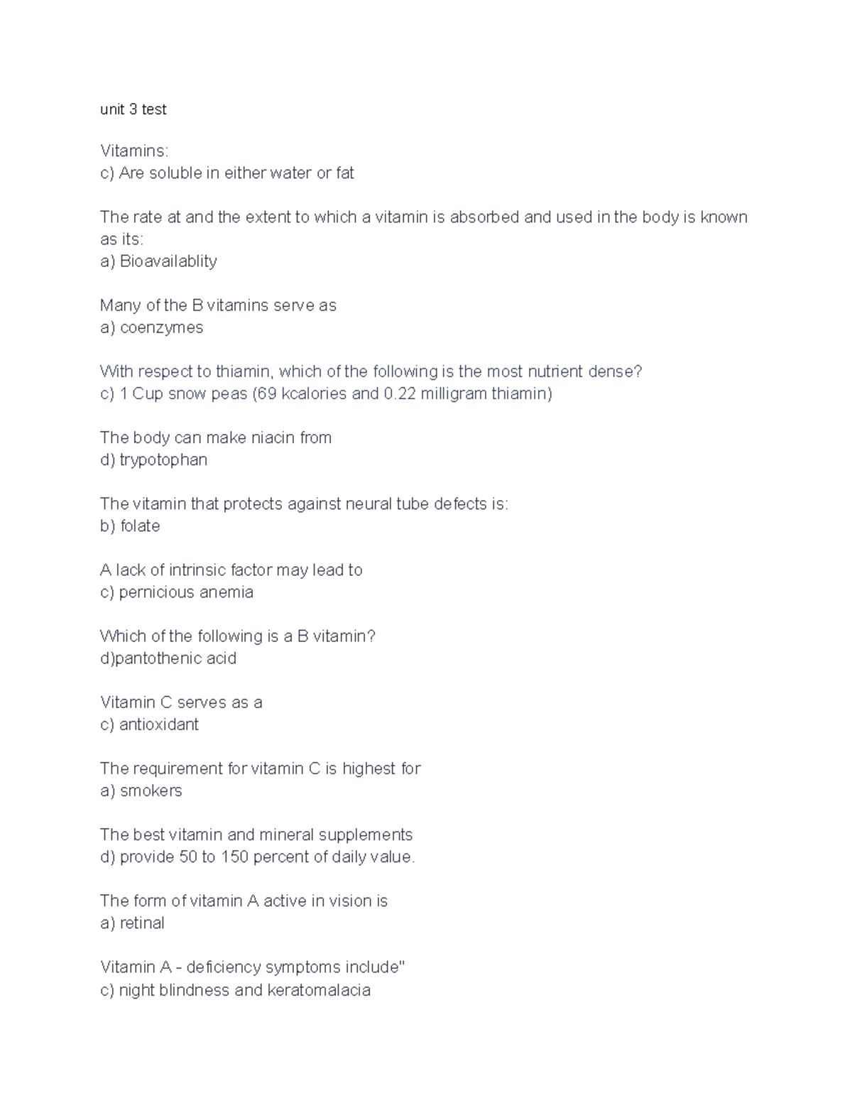 Nutrition Unit 3 - Comprehensive Study Guide on Vitamins and Minerals ...