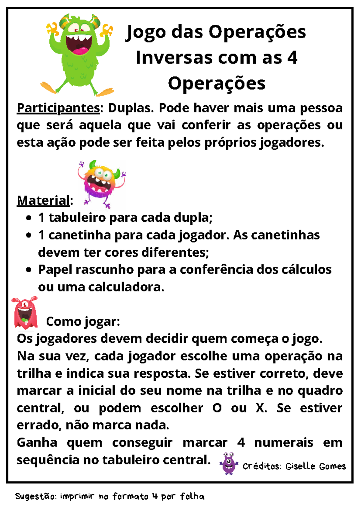 Jogo das Operações Inversas: Atividade para Trabalho com Álgebra - Studocu