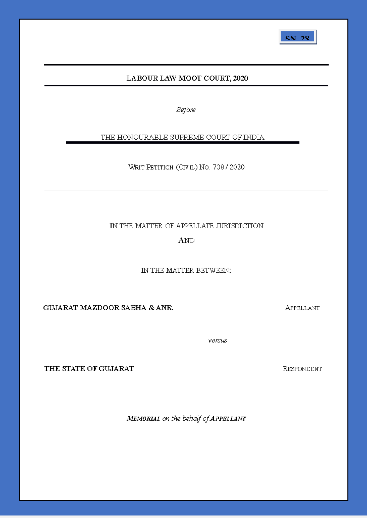 Labour Law 7B: Appellant Memorial for Supreme Court Writ Petition 708/ ...