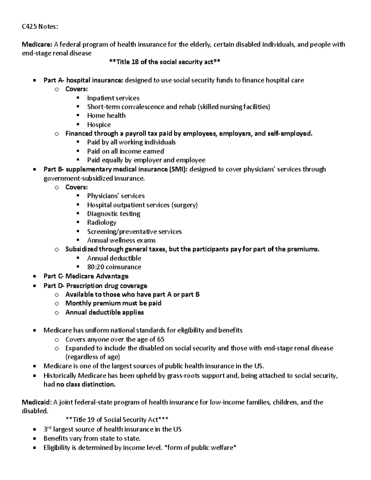 C425 Chapter Notes: Medicare, Medicaid, and Healthcare Delivery Systems ...