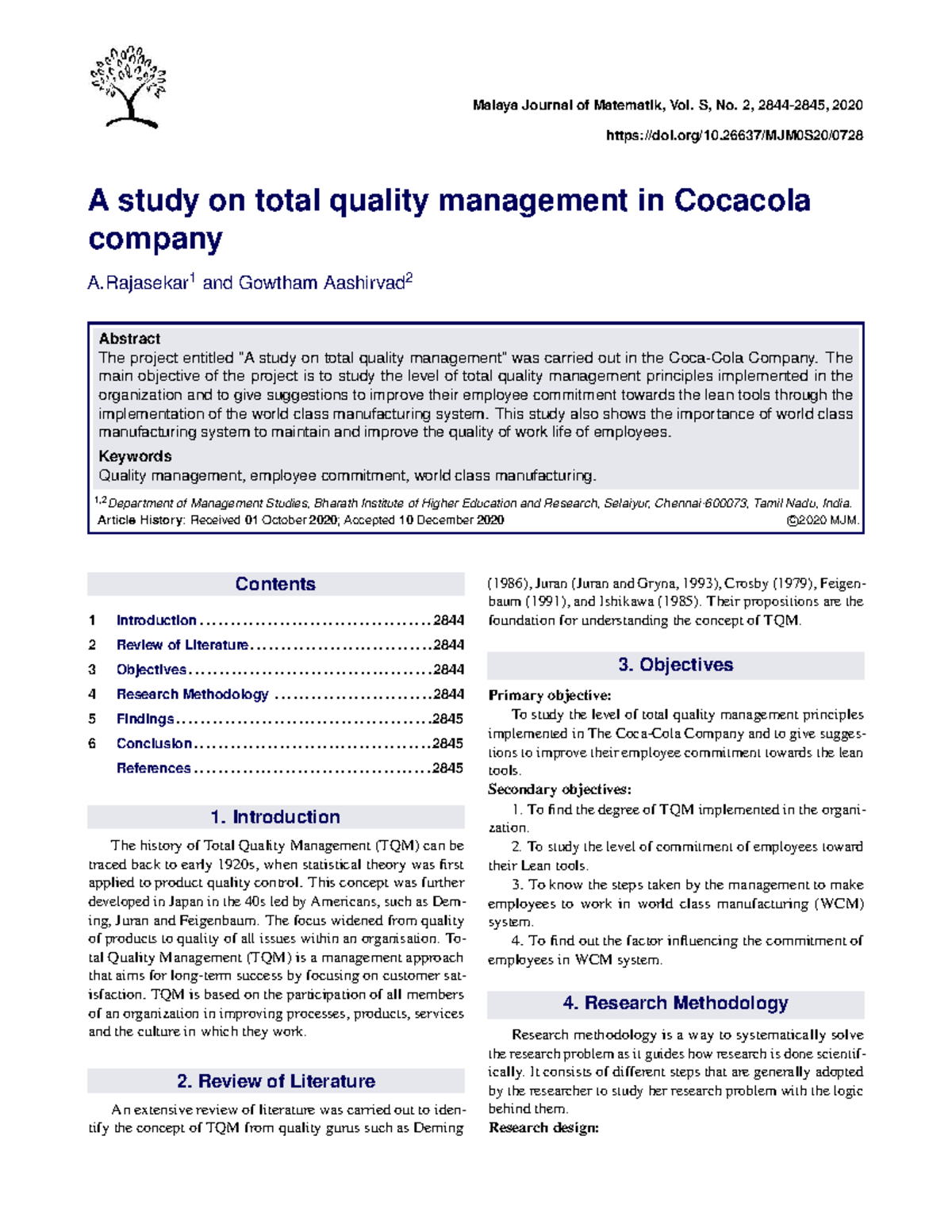 A Study on Total Quality Management in Coca-Cola: MJM0S2007 - Studocu
