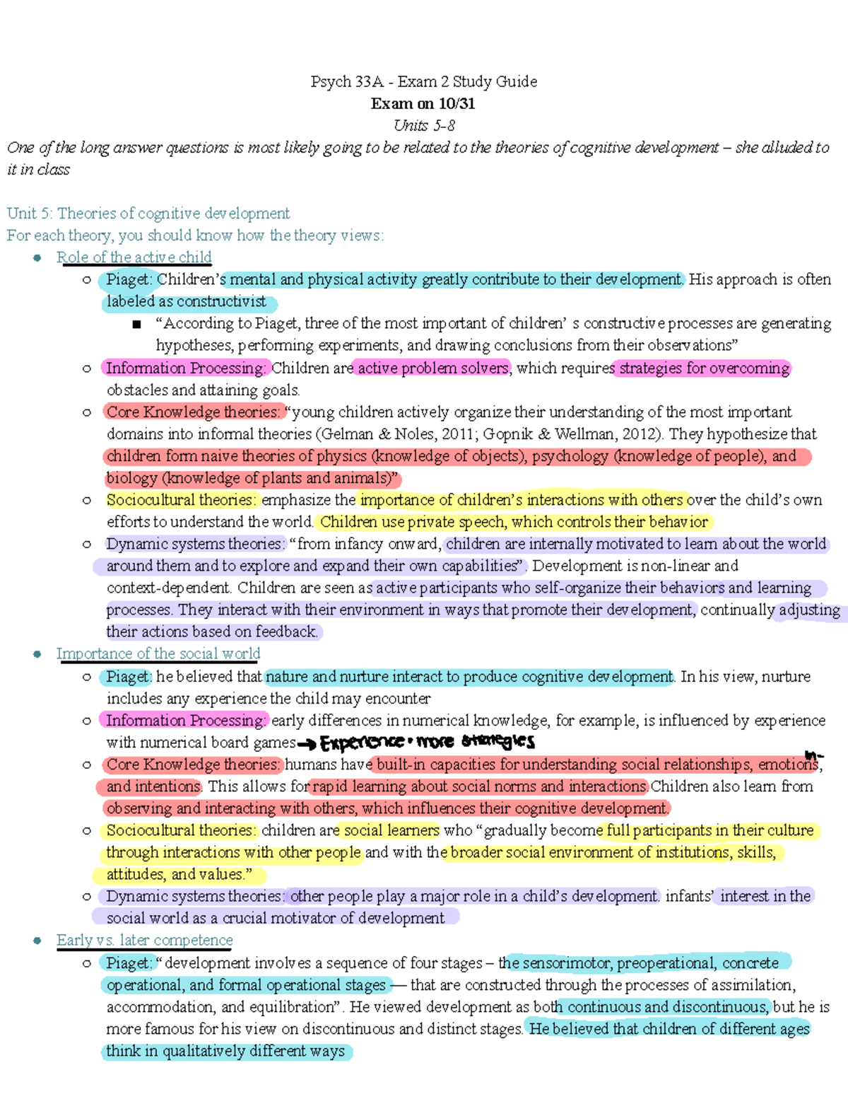 Psych 33A - Exam 2 Study Guide: Cognitive Development Theories and ...