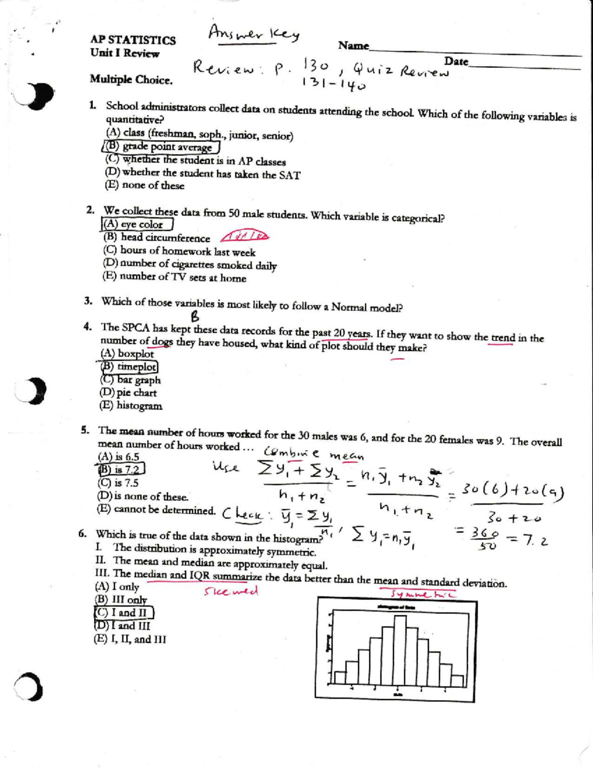 AP STATISTICS Unit I Review Answer Key (Ch 1-6) - Studocu