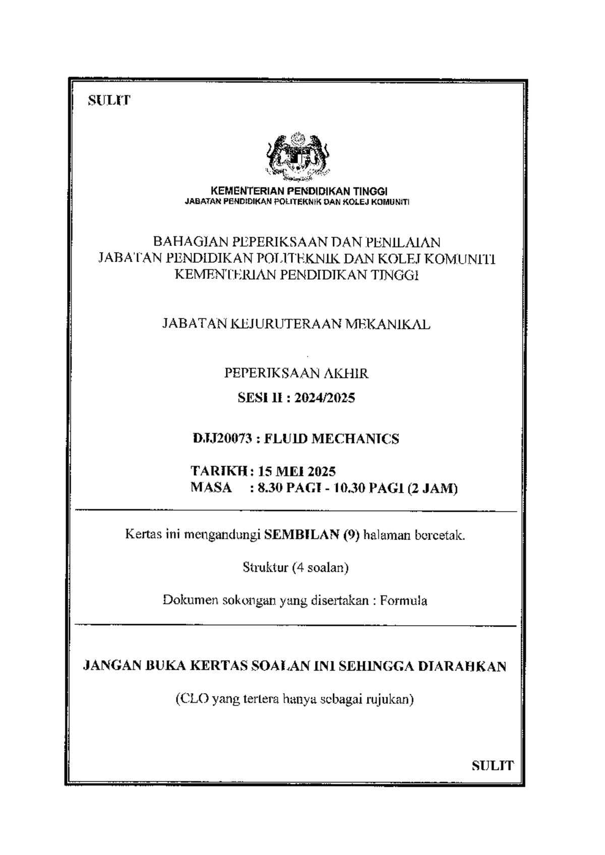 DJJ20073: Final Exam Past Year Paper on Fluid Mechanics - Studocu