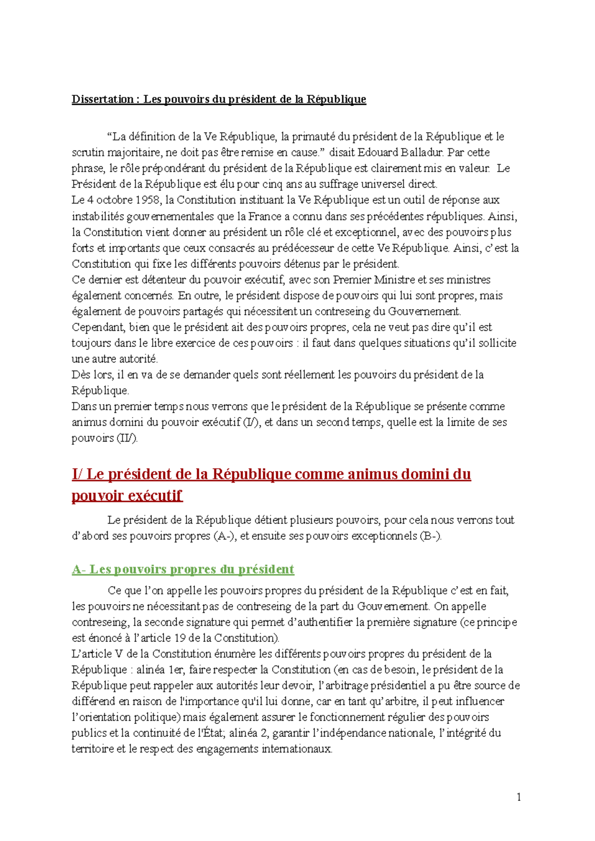 Les pouvoirs du président de la République - Dissertation : Les ...