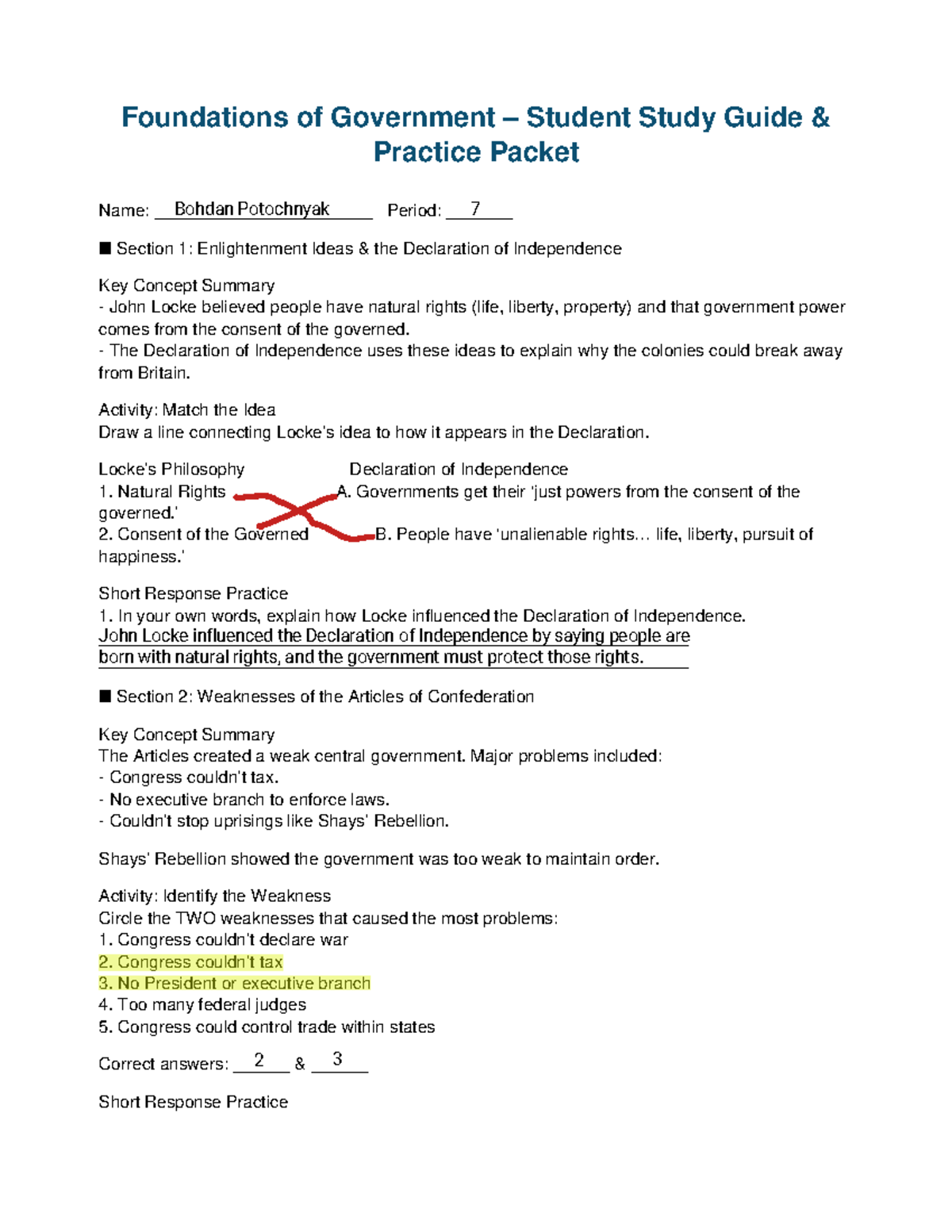 Foundations of Government Study Guide: Enlightenment & Constitution ...