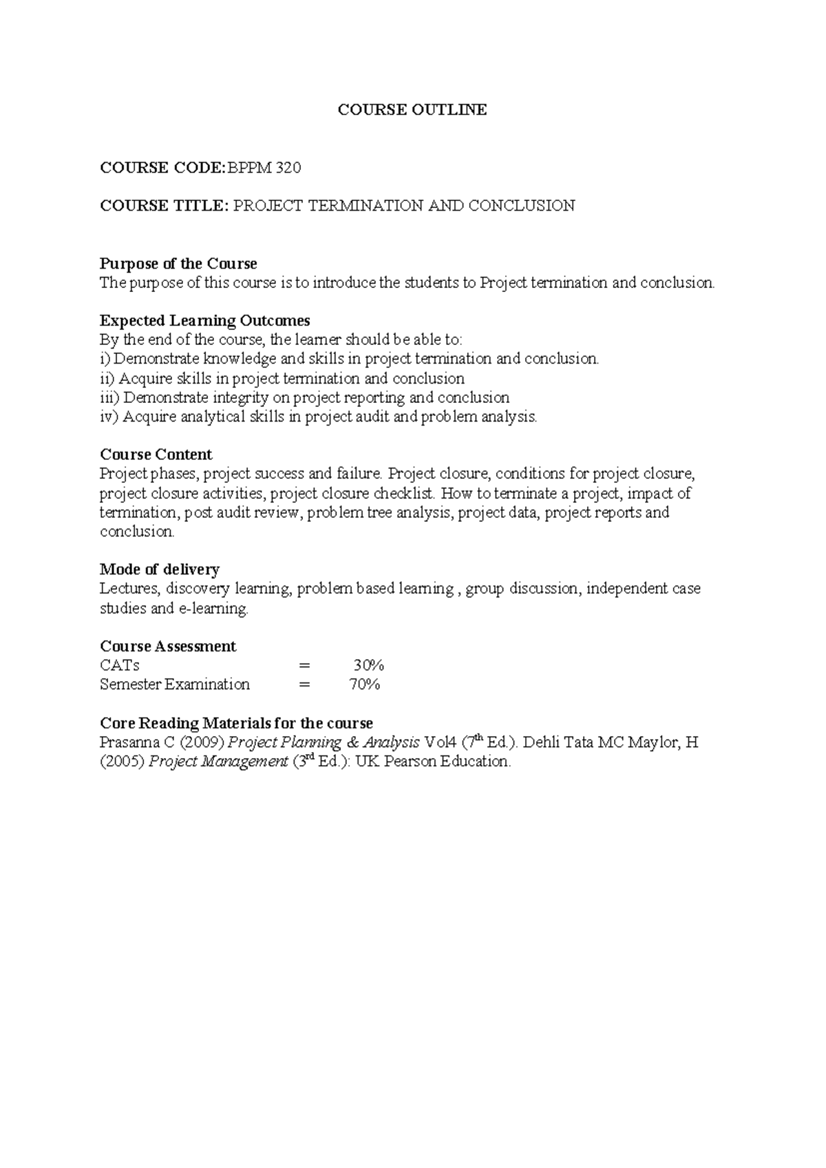 BPPM 320 Course Outline: Project Termination & Conclusion Overview ...