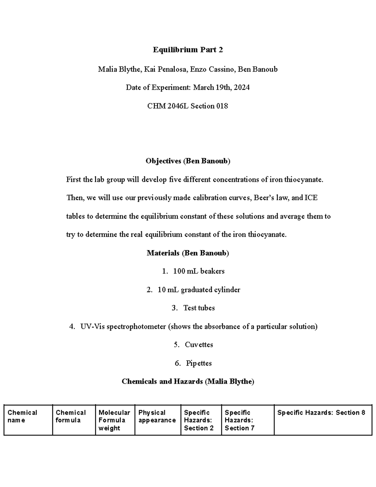 CHM 2046L Equilibrium Pre-lab Plan: Calibration & Analysis Part 2 - Studocu