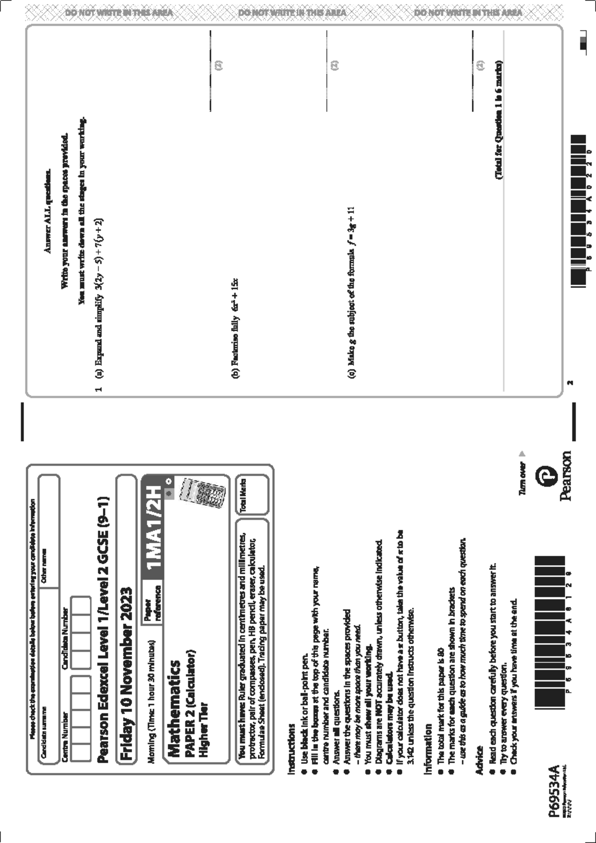 Mathematics GCSE Paper 2 (Calculator) Higher Tier Exam - Nov 2023 - Studocu