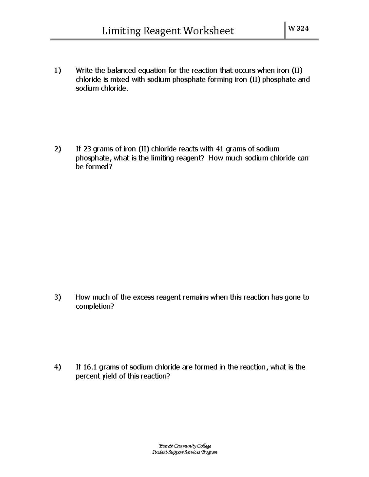 W324 Limiting Reagent Worksheet & Solutions Guide - Studocu